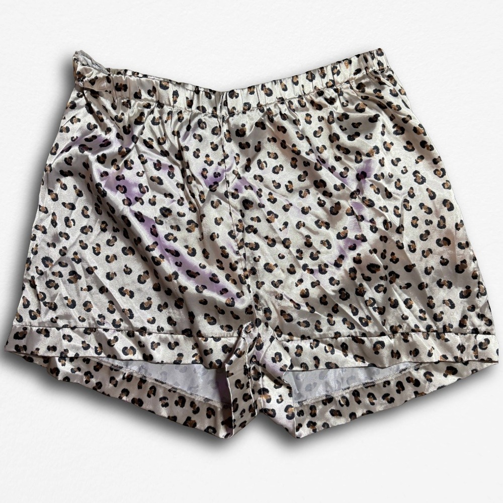 Boohoo Leopard Print Satin Pajama Shorts Women US 16 Tan Black Animal Sleepwear